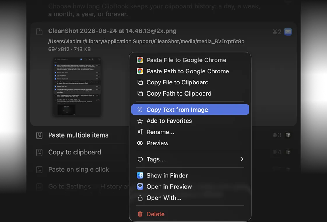 ClipBook menu with Copy Text from Image selected