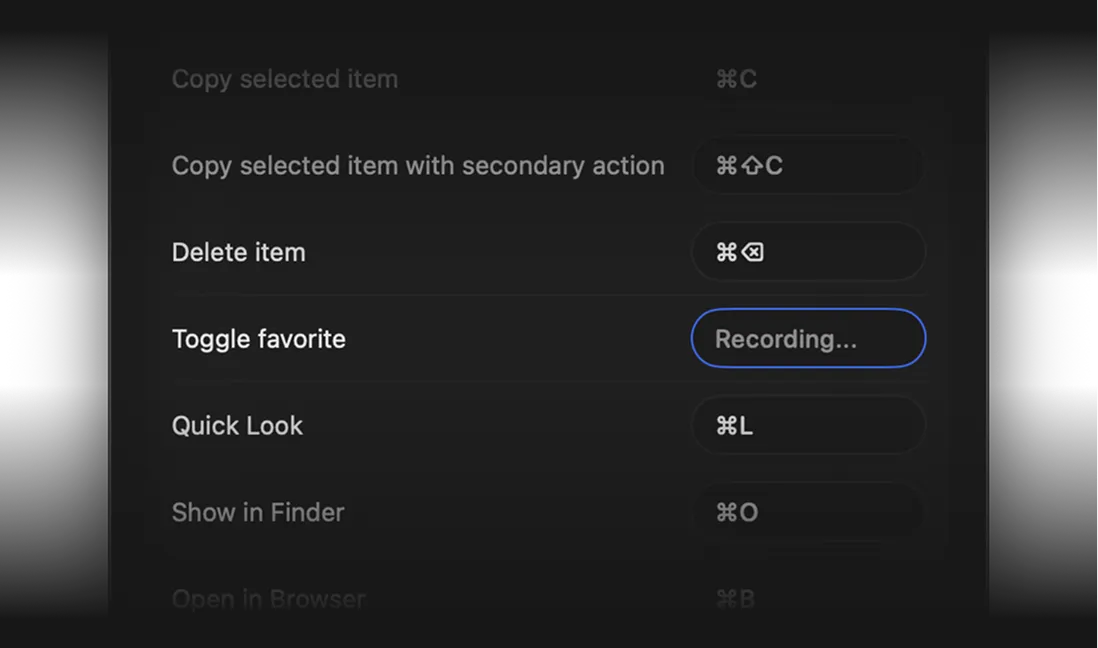 ClipBook shortcut settings recording a shortcut for Toggle favorite