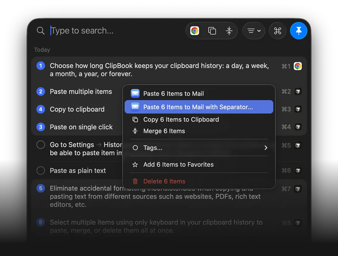 ClipBook menu for pasting six selected items with a separator