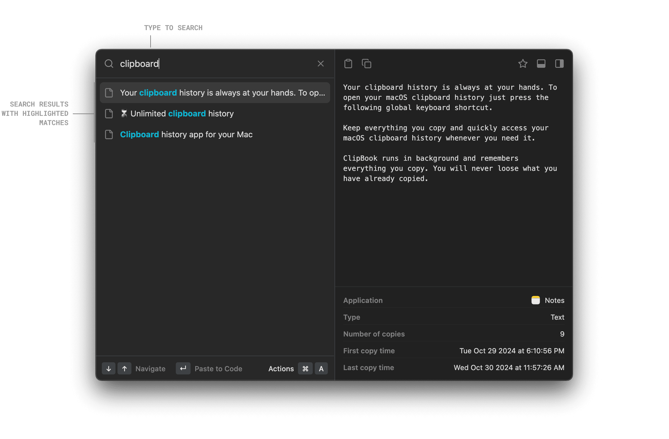 Search text items in the clipboard history on macOS